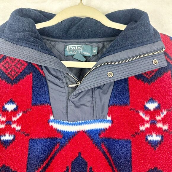 Polo Ralph Lauren Vintage Aztec Fleece Pullover Size Medium Hood Southwestern - Picture 5 of 7